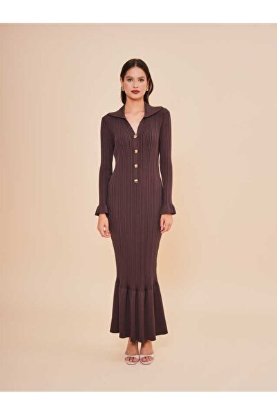 SERPİL Fitilli Triko Uzun Elbise – Gold Düğme ve Yaka Detaylı Model 51207
