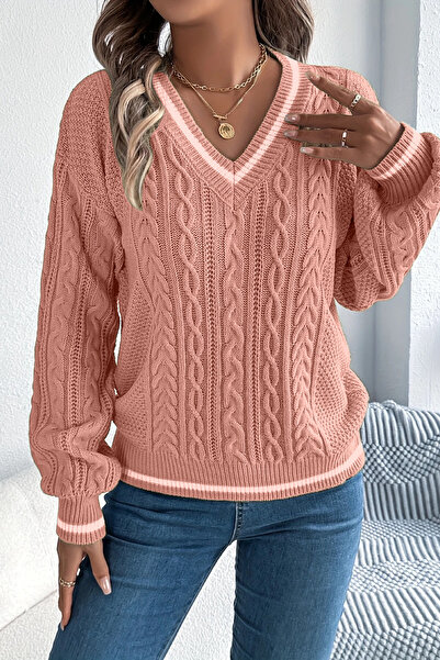 hanope Women's Striped V-Neck Knitted Patterned Sweater Powder