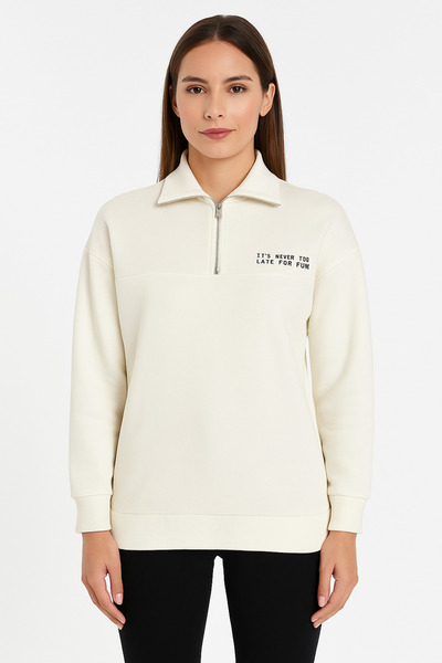 JADİYA Oversize Letter Printed Collar Zippered Women's Sweatshirt