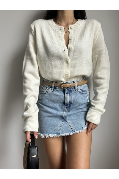 LOTUS CITY Ecru Crew Neck Buttoned Knitwear Cardigan