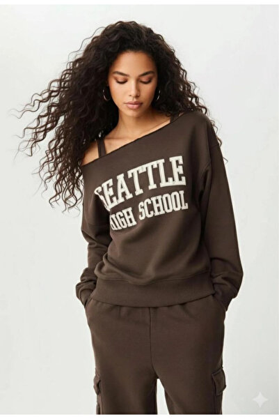npLStore Women's Seattle Print Boat Neck Brown Sweatshirt Sweatpants Two Piece Bottom Top Set