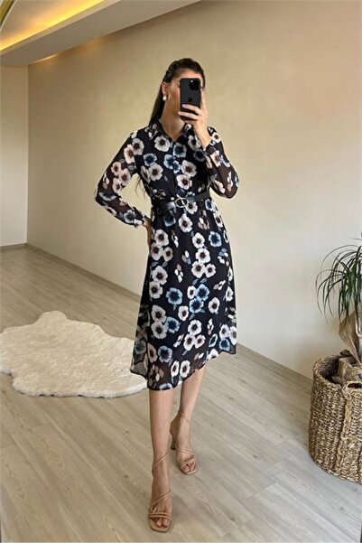 Dipmoda Γυναικείο φόρεμα Με φλοράλ μοτίβο Γιακάς πουκαμίσου Ζώνη τεμαχίων DPN...