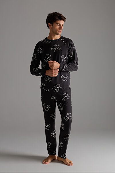 Syah Erkek Pamuklu Reglan Kollu Uzun Pijama Takımı