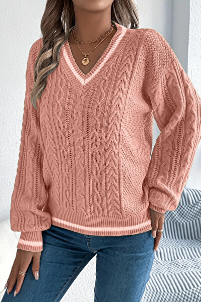 hanope Women's Striped V-Neck Knitted Patterned Sweater Powder