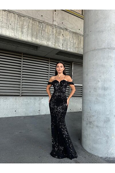 Modafeminen Trend Band Kol Kadife Balık Elbise Siyah 583198