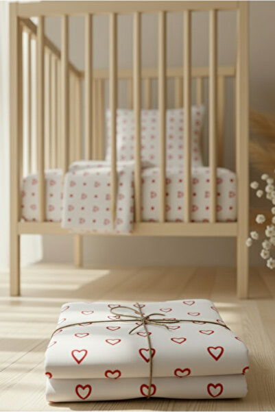 pistore %100 Pamuk Ranforce Lastikli Çarşaf Seti - Kırmızı Kalp Desenli Park Yatak 70x120 35x45