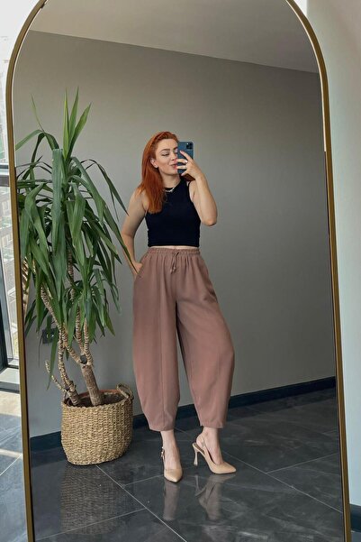Çiğdem Sonkur Butik Yüksek Bel Şalvar Kesim Kahve Pantolon