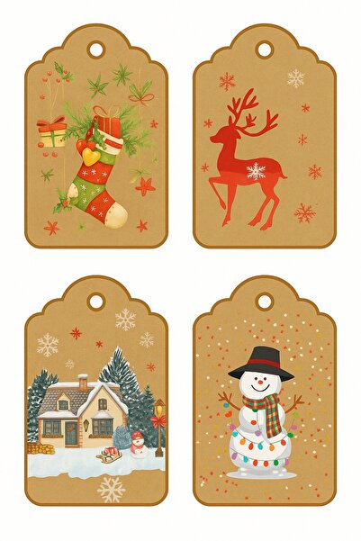 Dekals 20 Farklı Model Etiket Hediye Poşeti Delikli Etiket Yılbaşı Temalı Grafikler (Sadece Etiket)