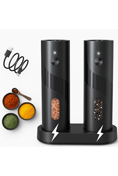 nuvora Set 2 rasnite electrice pentru sare si piper, NUVORA, Reincarcabile, Cablu USB, lumina LED, Perie cu