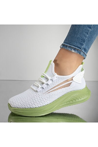 BMoD Pantofi sport cu șireturi din material textil alb și verde pentru femei ...