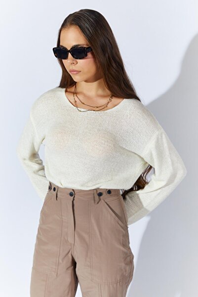 TENA Women's Cream U-Neck Sleeves Loose Basic Knitwear Sweater