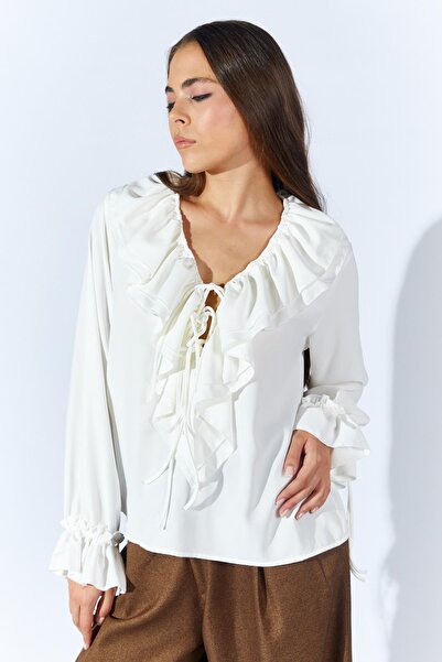 TENA Women's Ecru Tn023 Chiffon Blouse with Ruffled Front and Tie-Up Sleeves