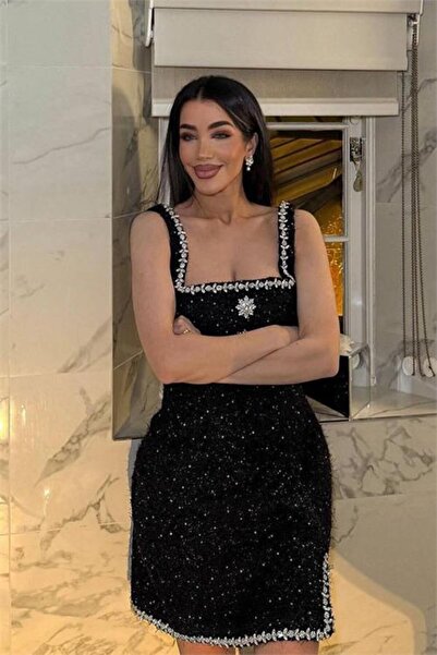 Dipmoda فستان قصير من قماش الشانيل المطرز للنساء DPEMP2785