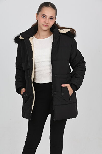 Fivente Kız Çocuk Siyah Kalın Kışlık Kapüşonlu Mont Elyaf Dolgulu İçi Peluş S...