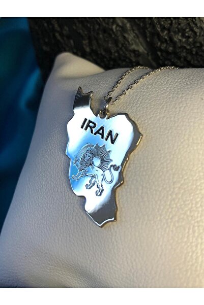 GWOMA Erkek Kadın Gümüş Kolye - Iran (PEHLEVİ ASLANI) Haritası Bayrağı Beyaz ...