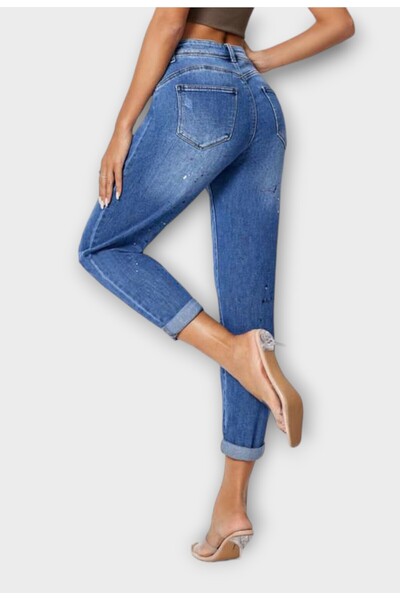 Elis Fashion Women's navy blue mom fit high waist ripped jeans