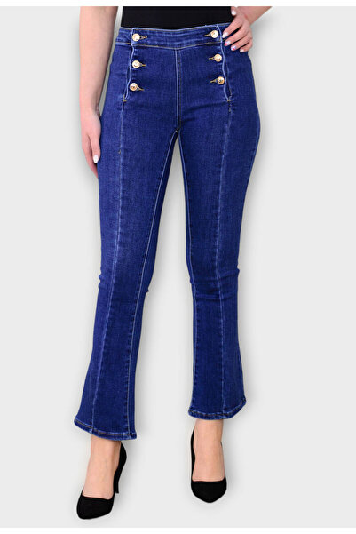 Elis Fashion Women's navy blue flared high-waisted jeans with seams