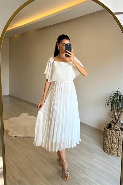 Dipmoda Γυναικείο φόρεμα σιφόν με γιακά καρμέν Με πιέτες DPNM006