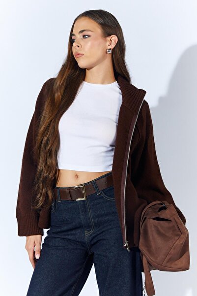 TENA Women's Brown Stand Collar Cardigan with External Zipper