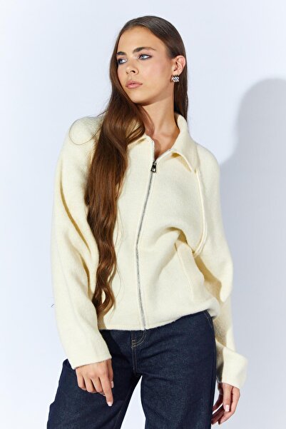 TENA Women's Cream Collar Casual Cardigan with External Pockets and Zipper