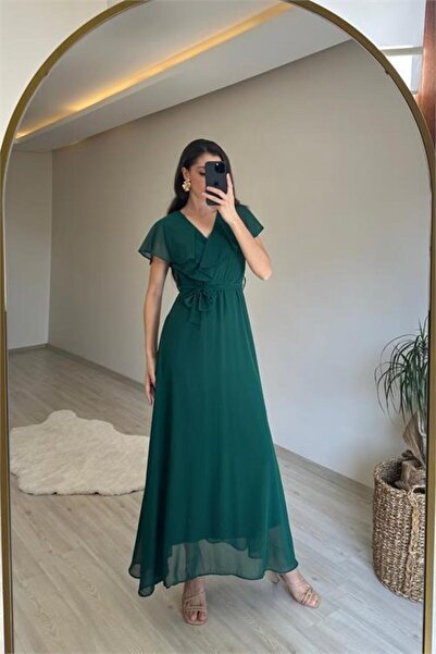 Dipmoda فستان طويل من الشيفون بتفاصيل أكمام على شكل حرف V للنساء DPNM008