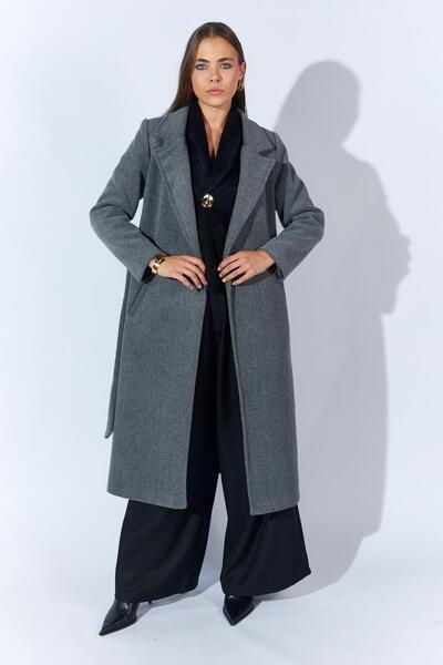 TENA Women's Gray Collared Belted Basic Long Cashmere Coat