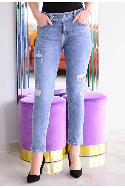 Elis Fashion Blugi de dama albastri cu talie medie si rupturi