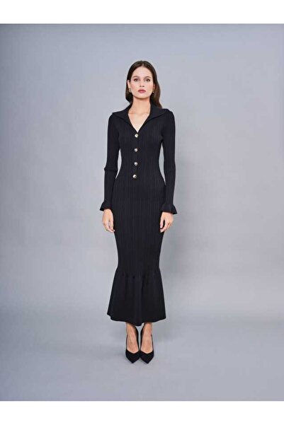 SERPİL Fitilli Triko Uzun Elbise – Gold Düğme ve Yaka Detaylı Model 51207