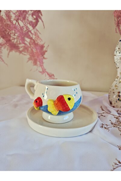 hayal atölyem Seramik Kırmızı Balıklı Kahve Fincanı