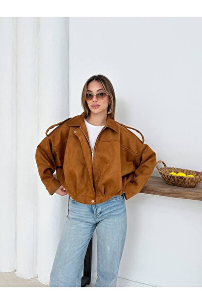 manana fashion Кафяво суедно бомбър яке с еполети