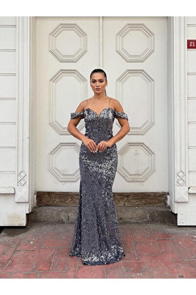 Modafeminen Trend Band Kol Kadife Balık Elbise ANTRASİT 583198