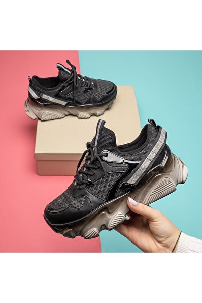 BMoD Pantofi sport negri pentru femei, cu șireturi și talpă groasă MOD12951