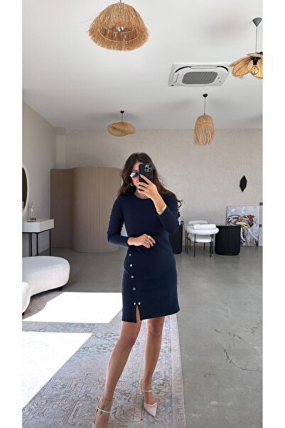 Buket Teke Lacivert Çıtçıt Detaylı Modal Elbise