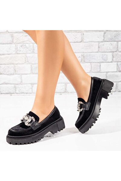 Modlet.ro Γυναικεία μαύρα σουέτ loafers με μεταλλικές λεπτομέρειες MOD10422