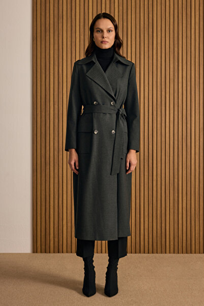 Aker Çizgili Seyyar Şallı Kruvaze Kapama Pardösü