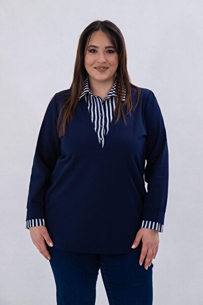 Roxxlen 1211025 Жіноча сорочка великого розміру з коміром Світшот Синій