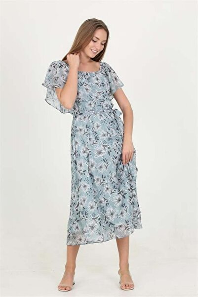 Dipmoda فستان شيفون بطباعة وشاح وياقة مادونا للسيدات RY10037