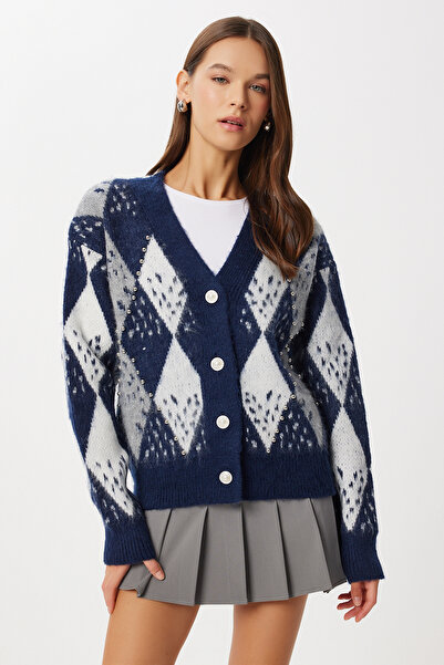 Lovelyİstanbul Baklava Patterned Beaded Knitwear Cardigan Lan0080 Dark Blue