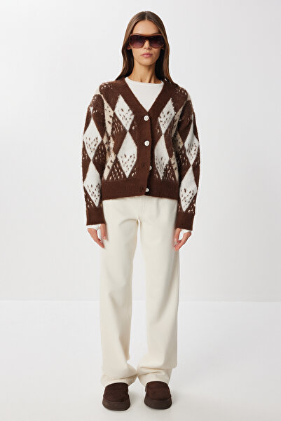 Lovelyİstanbul Baklava Patterned Beaded Knitwear Cardigan Lan0080 Brown