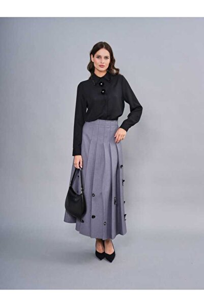 SERPİL Pliseli İnci Detaylı Uzun Etek 50446