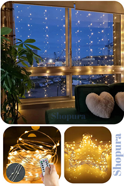 Shopura 3x3 Metre 300 Ledli 10 Saçaklı Perde Led Işık-8 Mod, Uzaktan Kumandal...