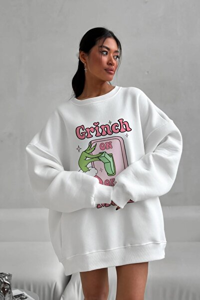The Champ Clothing Γυναικείο φούτερ φόρεμα oversize Grinch Mode με στάμπα λευκό – λαιμόκοψη, 3 κλωστές από φλις με ανάλαφρο χρώμα