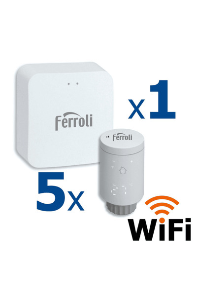 Ferroli Kit controler gateway si 5 capete termostat smart pentru calorifer Wi-Fi, control de la d...