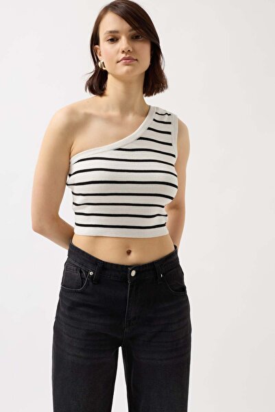 Maxi modena One Shoulder Striped White Black Crop - S