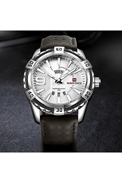 Naviforce Men's Watch Silver Quartz Leather Strap Date Analog