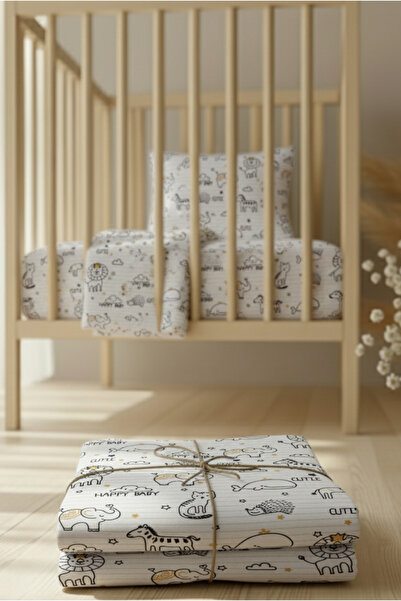 pistore %100 Pamuk Ranforce Lastikli Çarşaf Seti - Sevimli Hayvanlar Çizgi Desenli Park Yatak 70x120 35x45