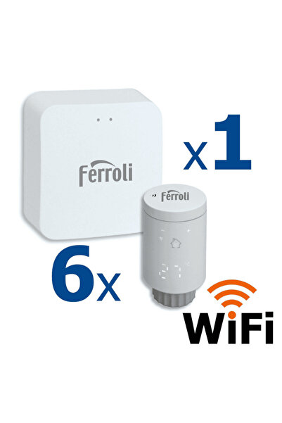 Ferroli Kit controler gateway si 6 capete termostat smart pentru calorifer Ferroli, Wi-Fi, control de la ...