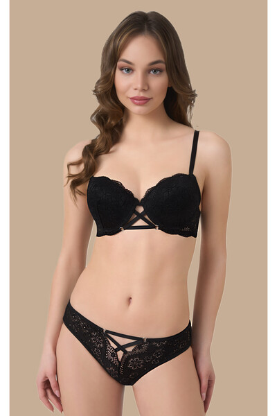 BÜŞRA Black Supported Lace Bra Panty Set