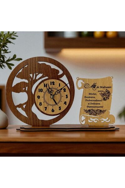 OEM Decorative Wooden Bonsai Clock for Teachers "Mii De Multumiri" - 30x20 cm, Personalized Gift