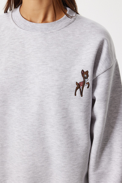 Lovelyİstanbul Πλεκτό φούτερ με κέντημα Oversize LZV0036 ΓΚΡΙ ΜΕΛΑΝΙ